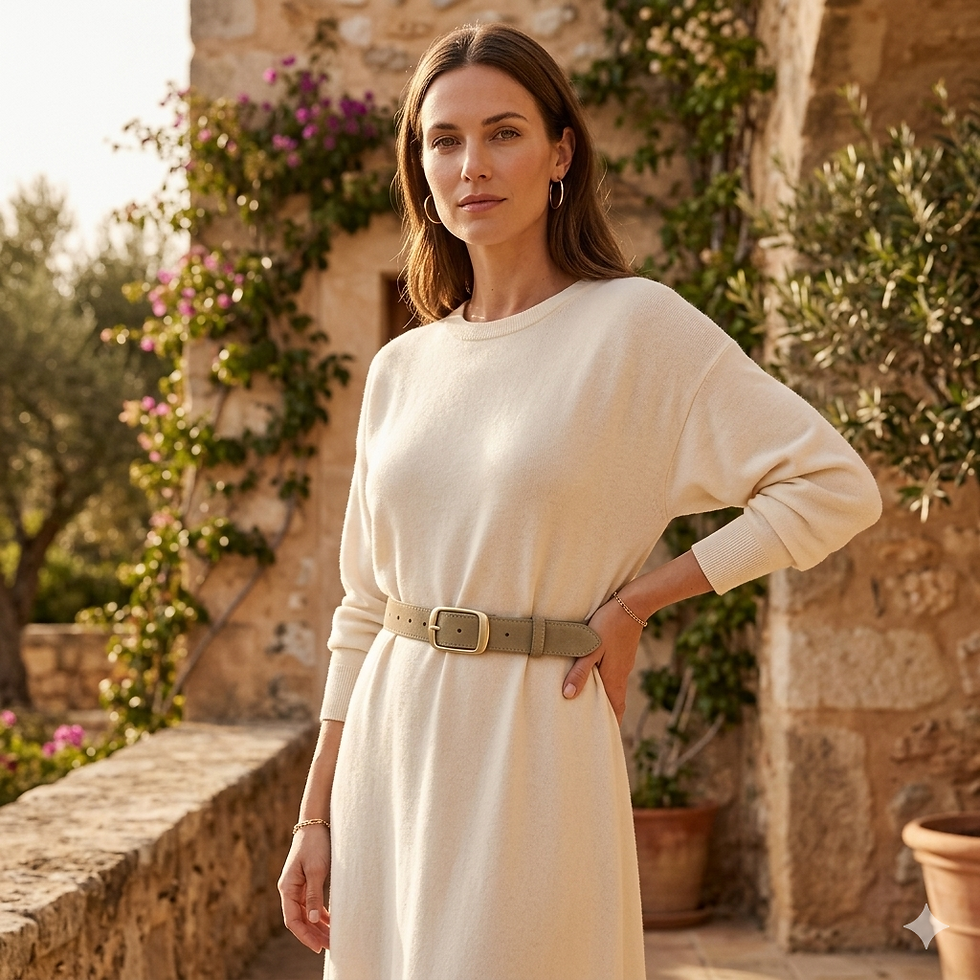 "Woman posing outdoors wearing a long-sleeved, cream (off-white) knitted dress. The dress is cinched at the waist by a wide o