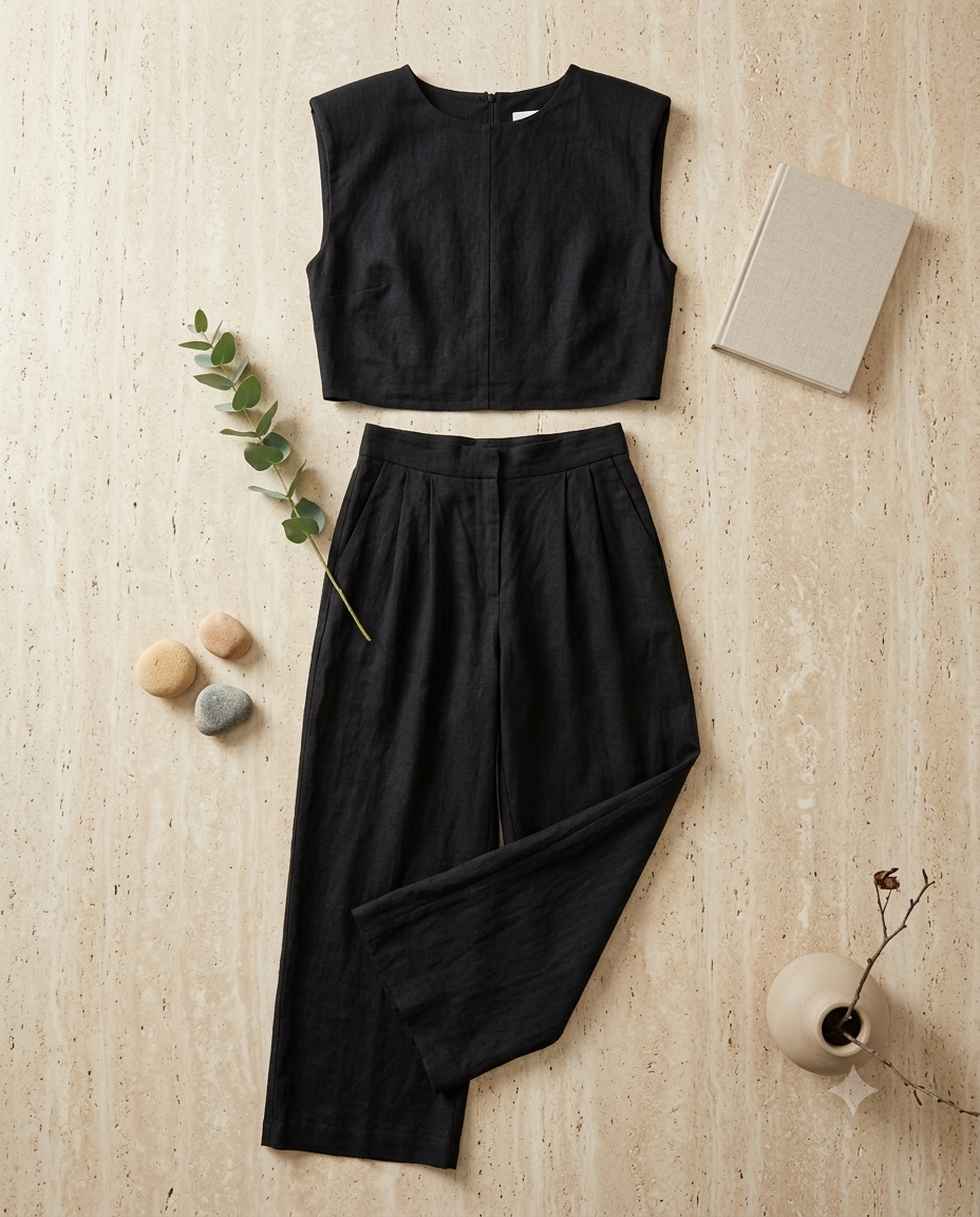 Thumbnail: "A flat-lay photograph arranged on a textured, light-coloured stone background featuring a chic, black linen sleeveless top a