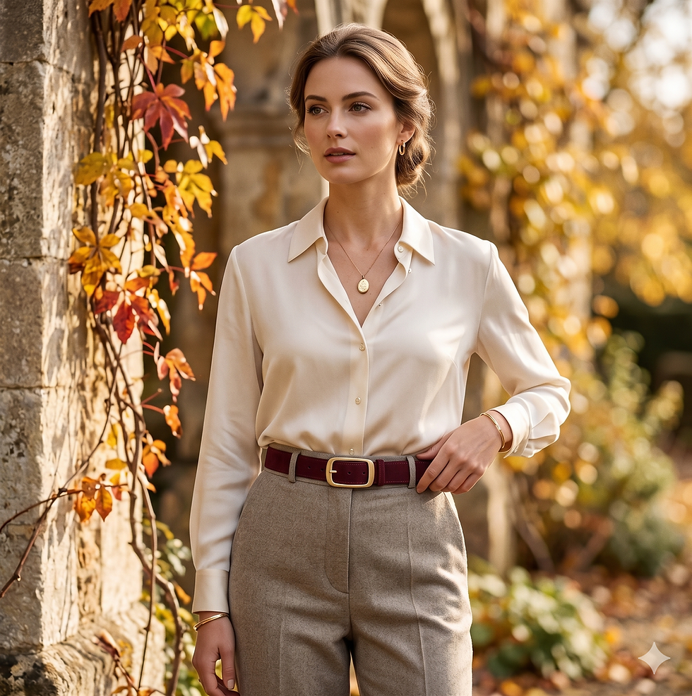 "An elegant woman posing outdoors, looking to the side. She wears a classic cream-colored button-down shirt and high-waisted