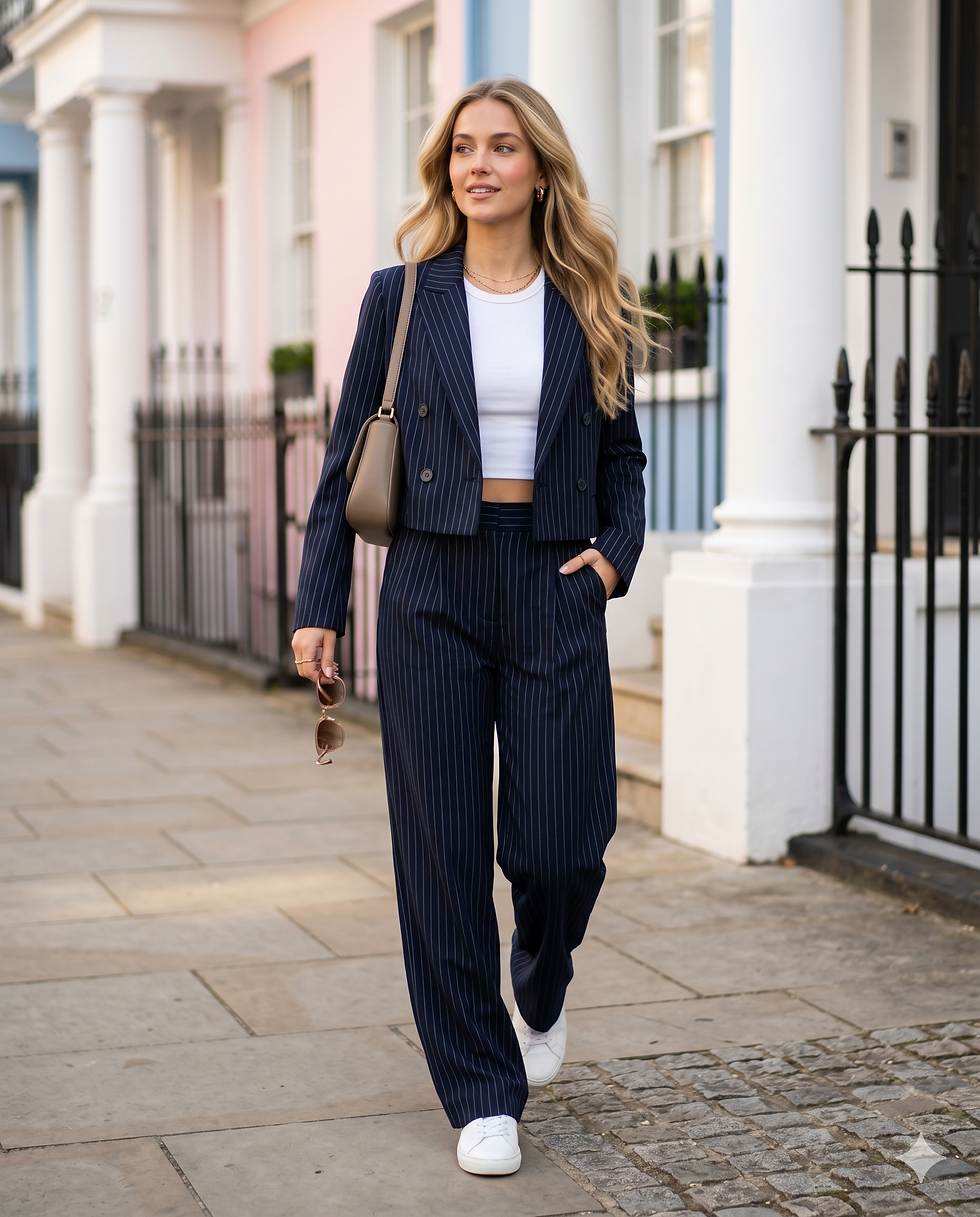 Thumbnail: Full-length shot of a smiling blonde woman walking along a pavement in London. She wears a navy blue pinstripe co-ord suit se