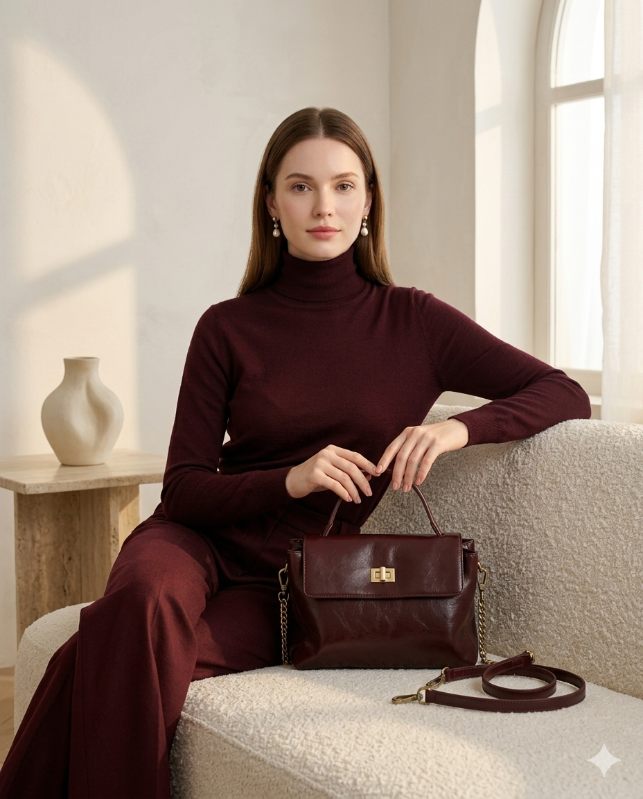 Elegant woman sitting on a cream bouclé armchair holding a burgundy wine leather handbag with top handle and gold turnstile c