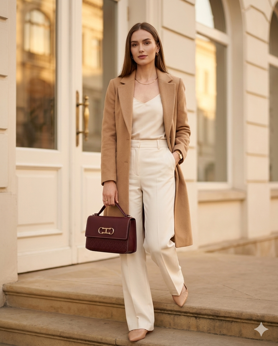 Thumbnail: Full look styled with Wylowe CH Monogram burgundy  handbag, camel coat and tailored trousers in European street