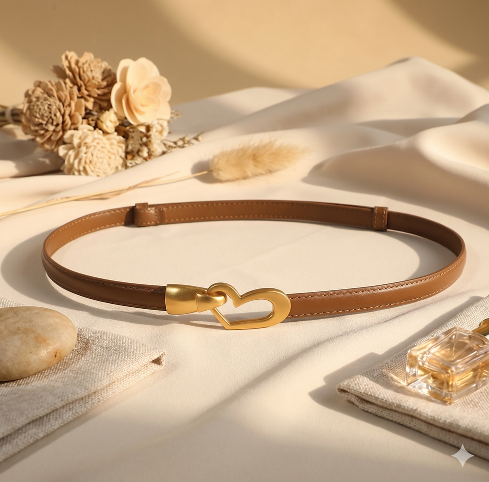 Thumbnail: "Women's ultra-thin caramel brown leather skinny belt with a gold-tone open heart buckle. Elegant and minimalist fashion acce