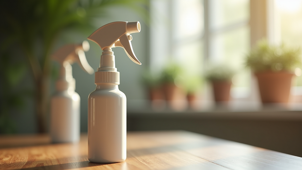 Close-up view of natural pest control spray bottle on wooden table