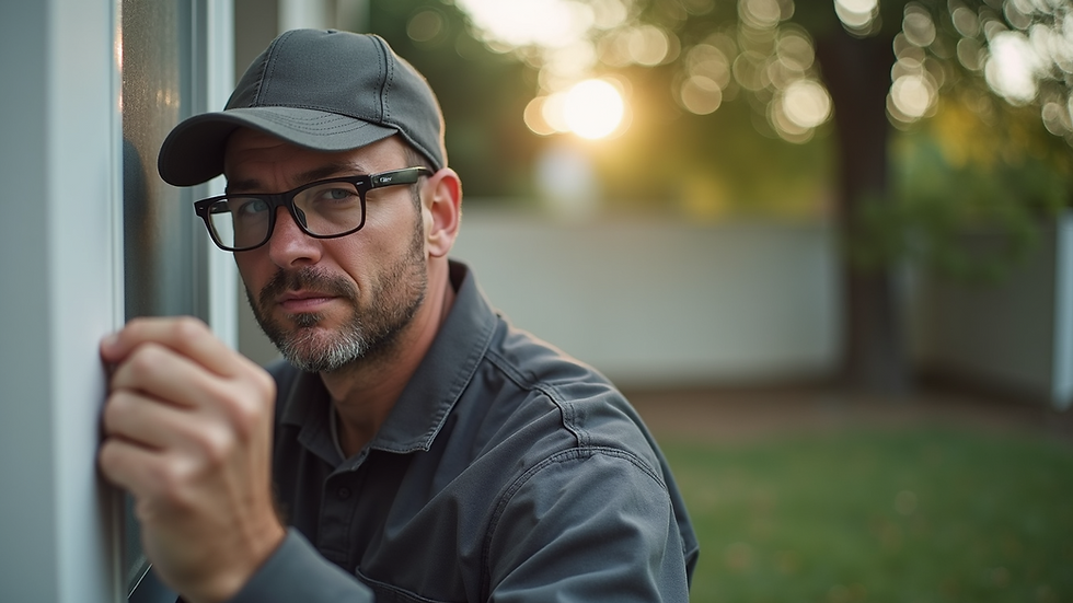 Close-up view of a technician inspecting a home’s exterior for pest entry points
