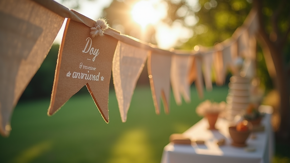 High angle view of eco-friendly party decorations with wooden signs and fabric bunting