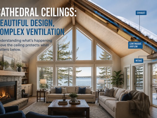 Muskoka cottage with a cathedral ceiling and winter lake view, illustrating continuous airflow through the roof assembly from intake to exhaust.