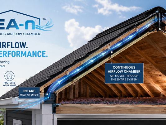 continuous airflow chamber in an attic. intake, fresh air enters. exhaust, moisture and heat move out.