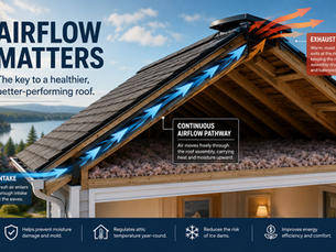 Roof cutaway showing continuous airflow from intake at the eaves through the roof assembly to exhaust at the ridge, illustrating how proper ventilation helps manage heat and moisture.