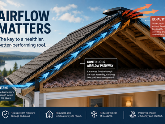 Roof cutaway showing continuous airflow from intake at the eaves through the roof assembly to exhaust at the ridge, illustrating how proper ventilation helps manage heat and moisture.