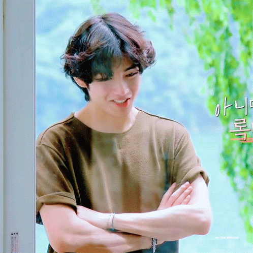 A clip from In The Soop 2 of Taehyung smiling. His arms are crossed, he wears a light brown t-shirt with the sleeves slightly rolled up. His hair is permed and is gently curled around his eyes.