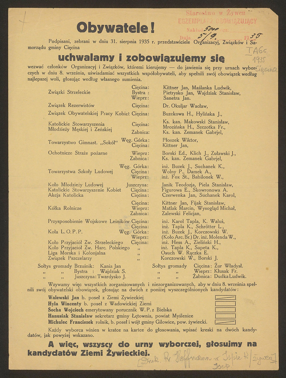 Archiwalna odezwa przedwyborcza z 31 sierpnia 1935 roku zatytułowana „Obywatele!”, podpisana przez przedstawiciele organizacji z gminy Cięcina i Węgierskiej Górki.