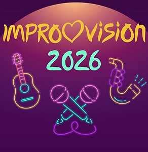 Colourful neon-style graphic for “Improvision 2026”, featuring glowing illustrations of a guitar, maracas, and a saxophone against a purple background. The title appears in bright yellow and turquoise lettering with a heart shape replacing the “o” in “Improvision”.