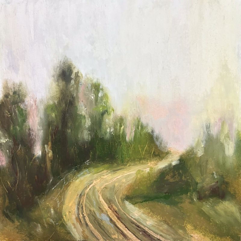 Atmospheric oil pastel landscape painting by a Filipino artist featuring country road, line with trees, blue sky, and soft cl