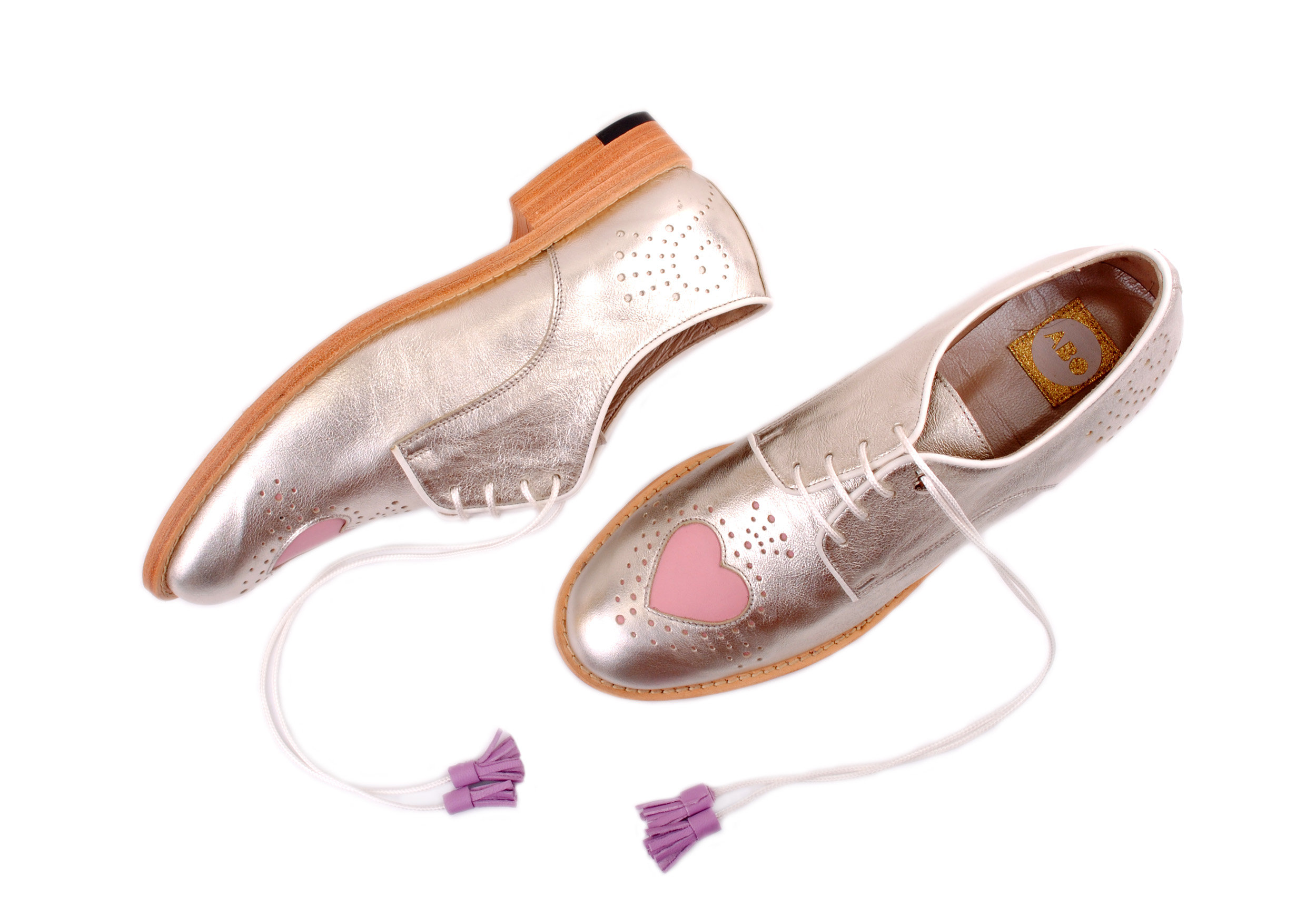 Silver \u0026 Pale Pink Heart ABO Brogues 