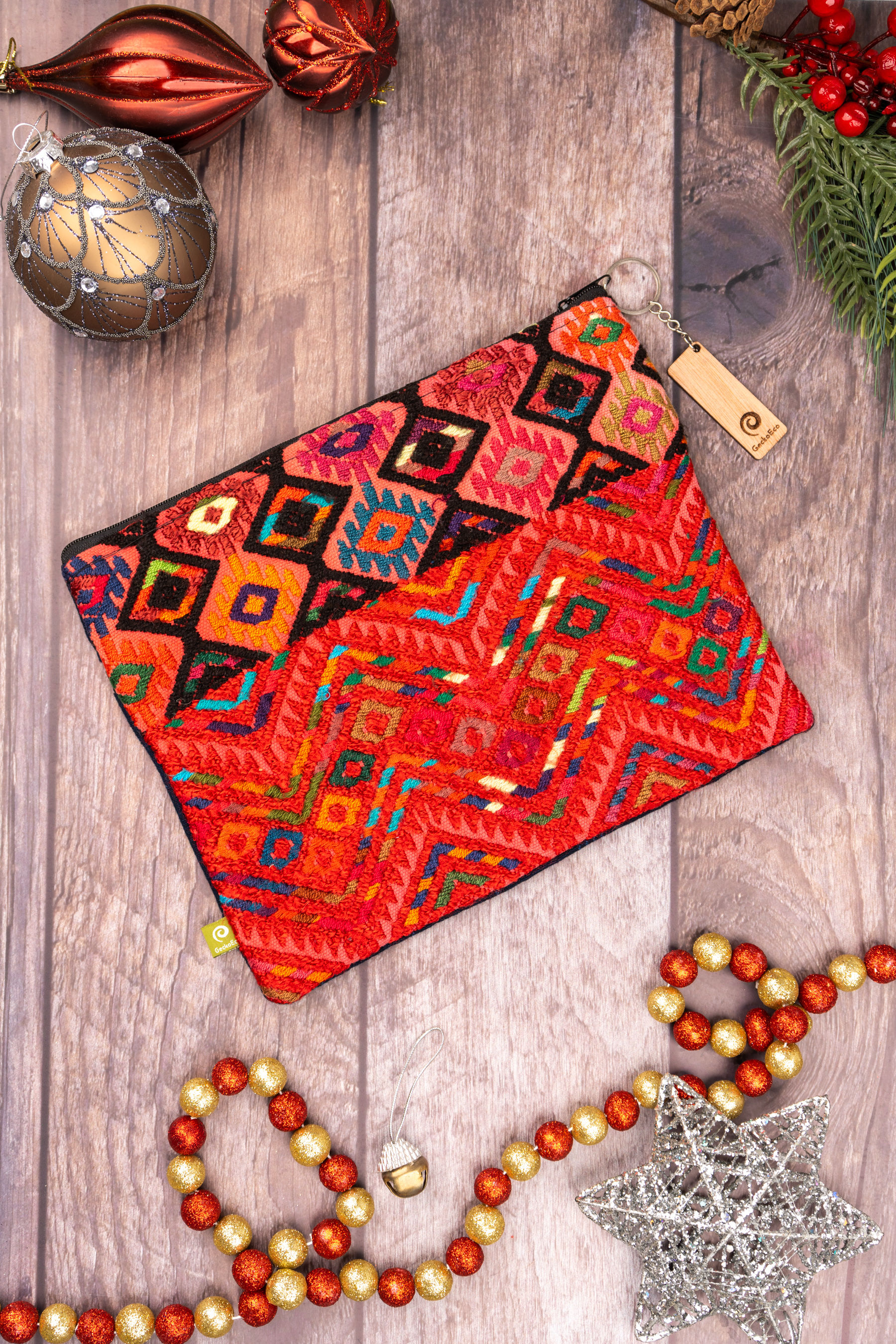 Estuche XL con Huipil  - Tono: Coral/Negro