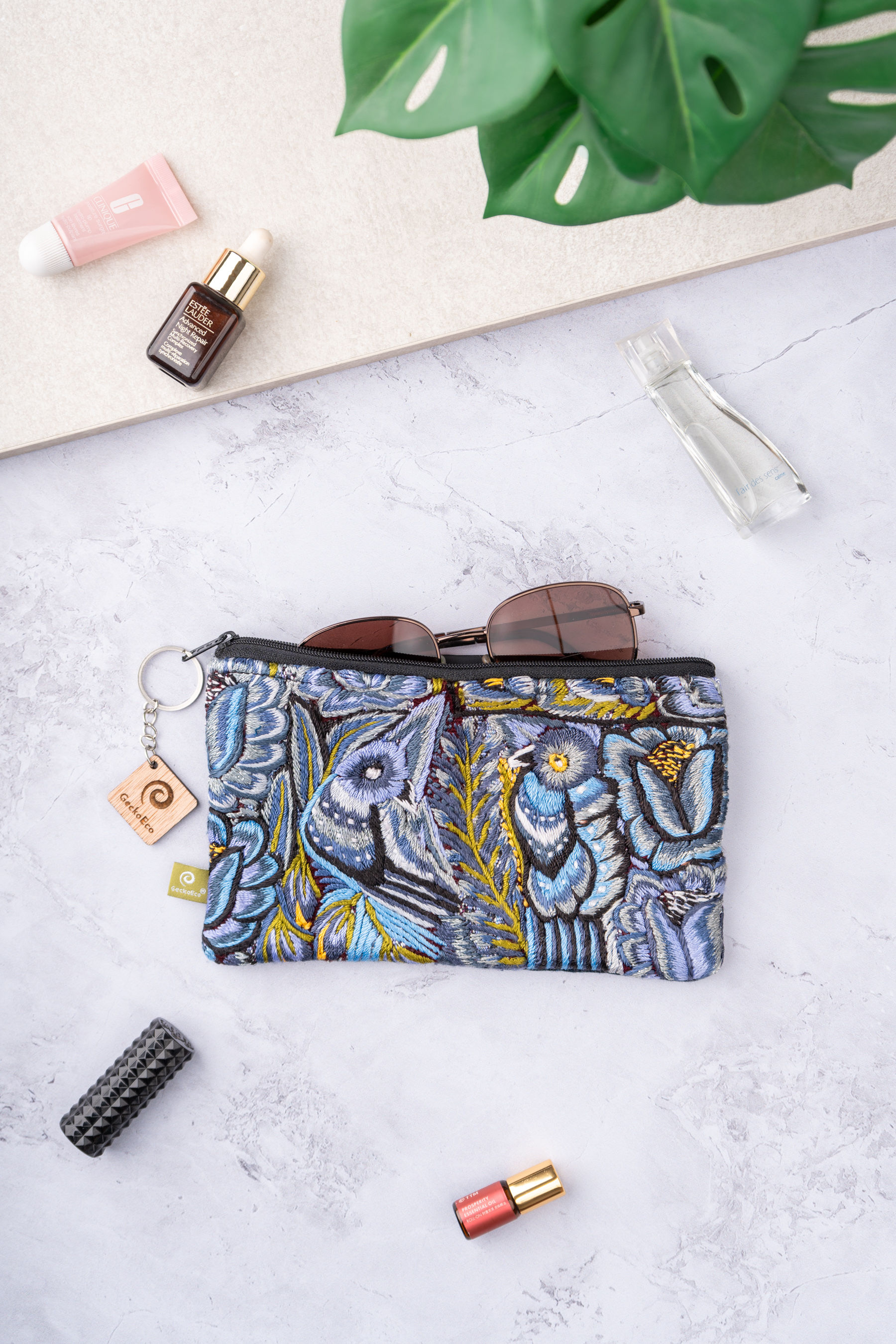 Estuche Rectangular con Huipil - Tono Gris/Lila/Celste diseño Aves
