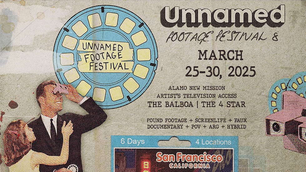 Retro festival poster with a couple looking through vintage viewers. Text: Unnamed Footage Festival, March 25-30, 2025, San Francisco.