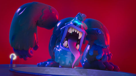 Animated creature in tones of pink, blue, and red