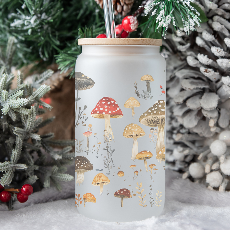 Image of woodland mushrooms on the frosted libby cup