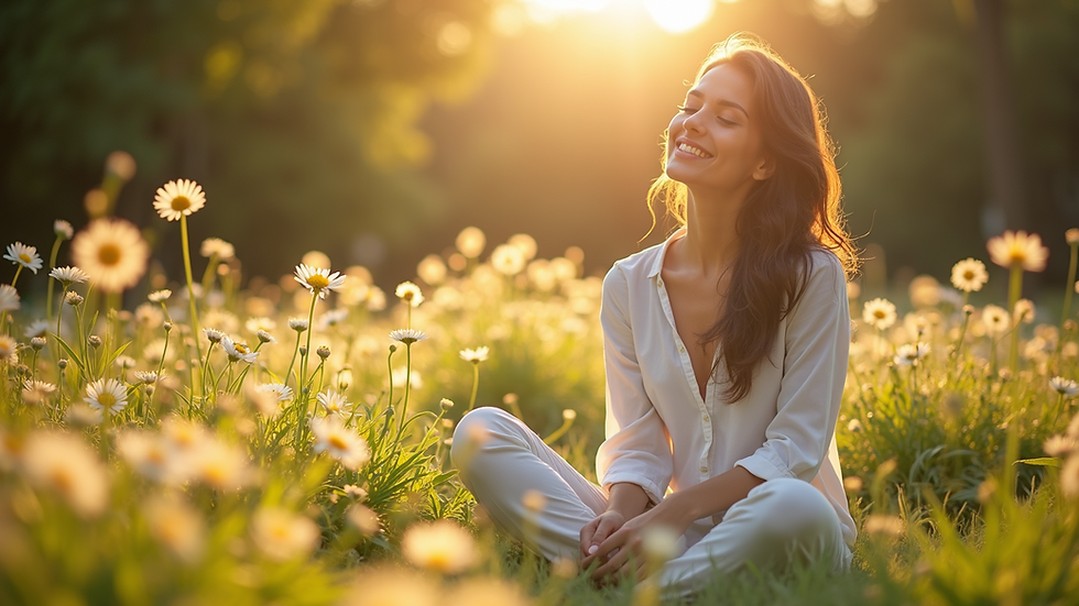 Eye-level view of a woman sitting peacefully in a sunlit garden, surrounded by blooming flowers