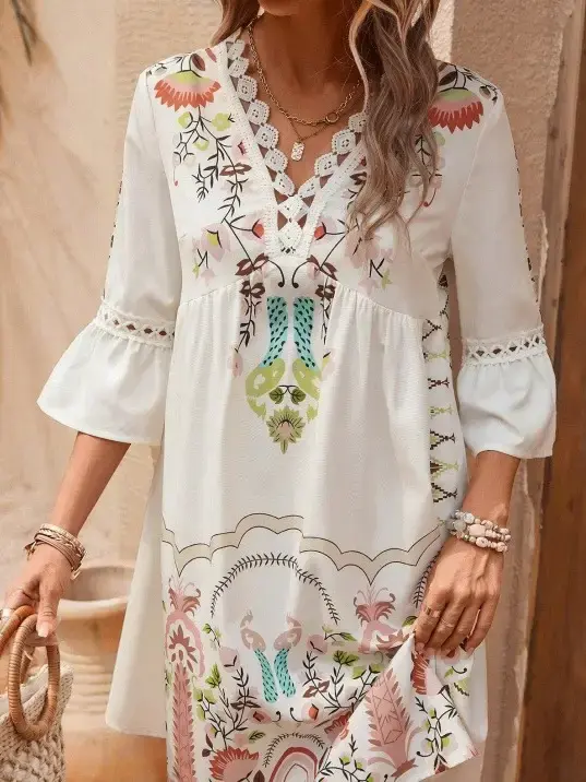 Thumbnail: V-Neck Vintage Print Dresses