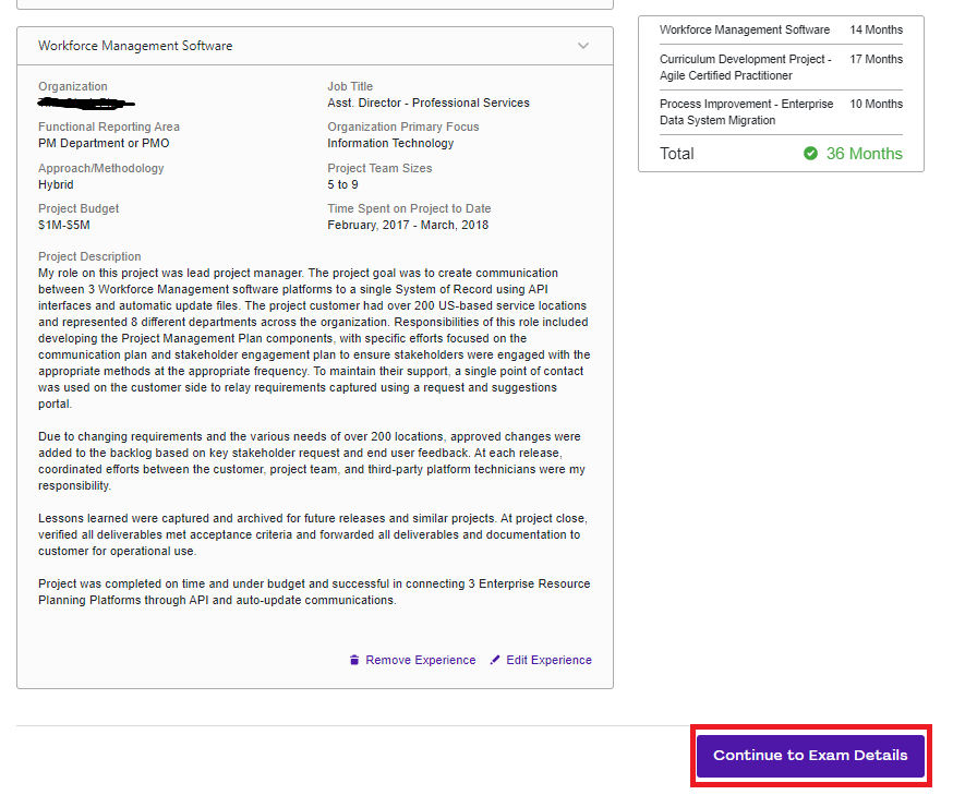 Complete Project Experience - Continue to Exam Details