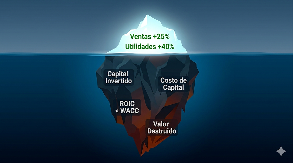 Iceberg que representa el crecimiento que destruye valor: utilidades visibles arriba, capital invertido y costo de capital ocultos debajo del agua