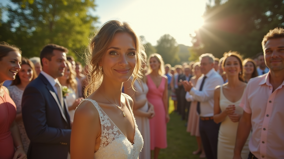 Eye-level view of a diverse group of people celebrating a wedding outdoors
