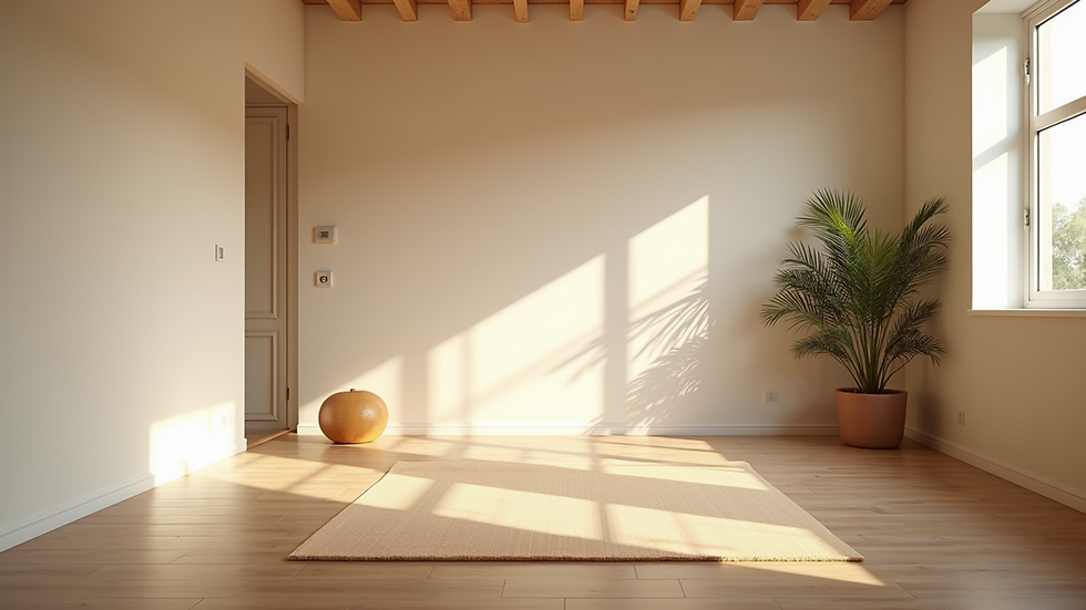 Wide angle view of a serene yoga studio with natural light