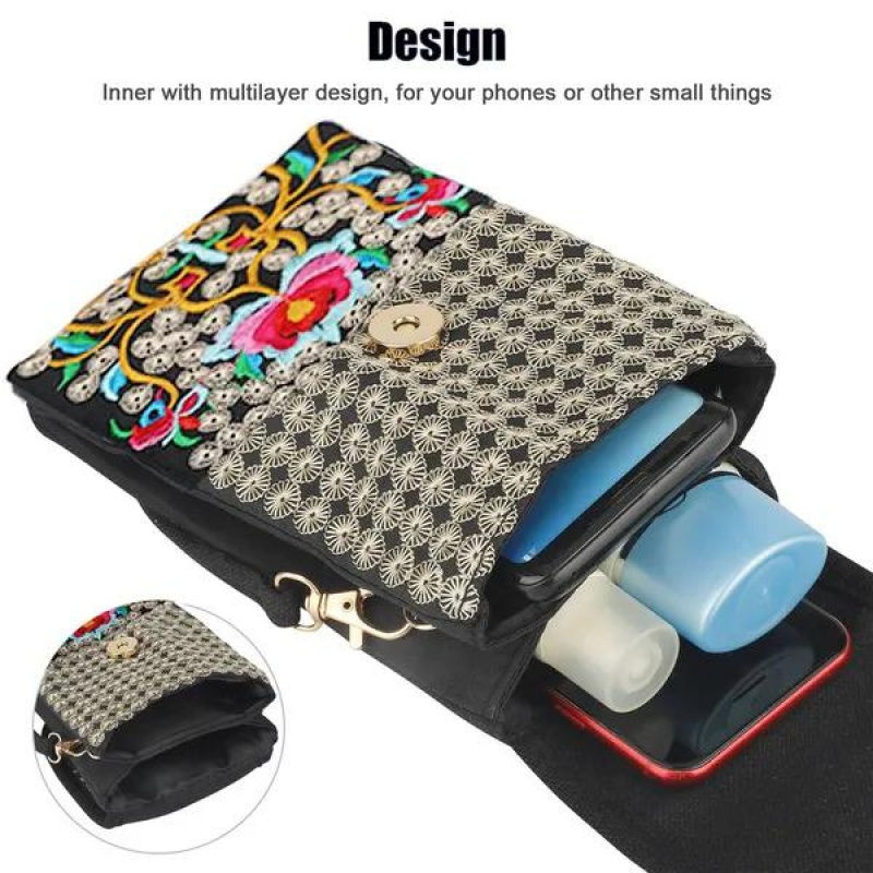 Thumbnail: Retro Boho Embroidered Phone Bag, Mini Ethnic Travel One Shoulder Bag For Women