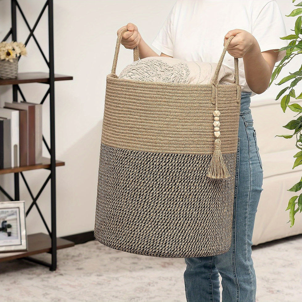 Thumbnail: Large Woven Storage Basket with Handles – Stylish Beige and Black Striped Desi