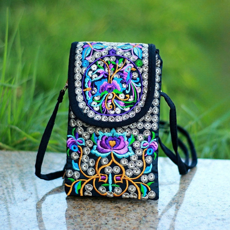 Thumbnail: Retro Boho Embroidered Phone Bag, Mini Ethnic Travel One Shoulder Bag For Women