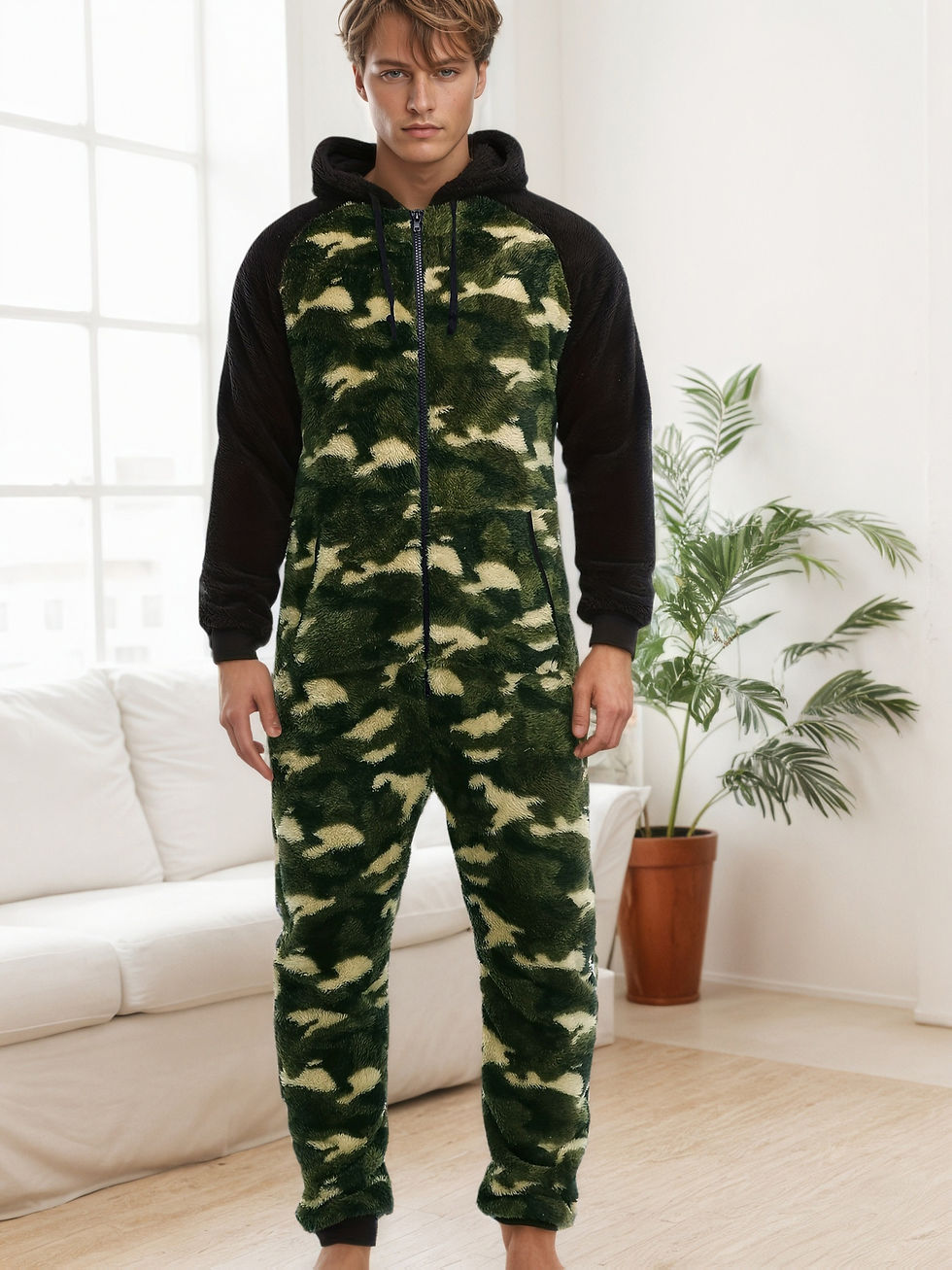 Thumbnail: Men'S Heavy-Duty Full-Zip Hooded Onesie - Long Sleeve Winter Sleepwear with Draw