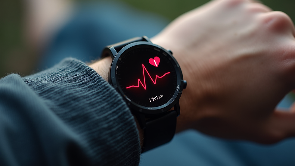 Close-up view of a smart fitness watch displaying heart rate data