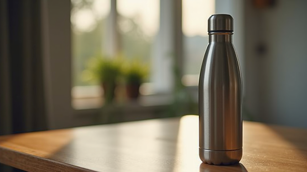 Close-up view of a stainless steel insulated water bottle on a wooden table