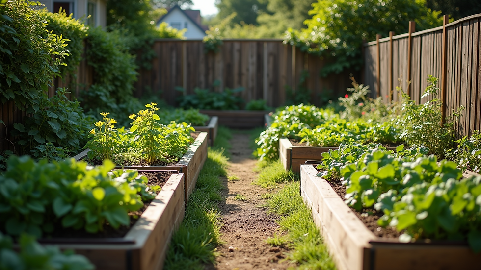 High angle view of a garden with multiple raised beds in a backyard