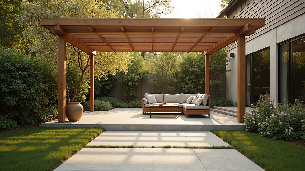 Eye-level view of a backyard with a wooden pergola and comfortable seating