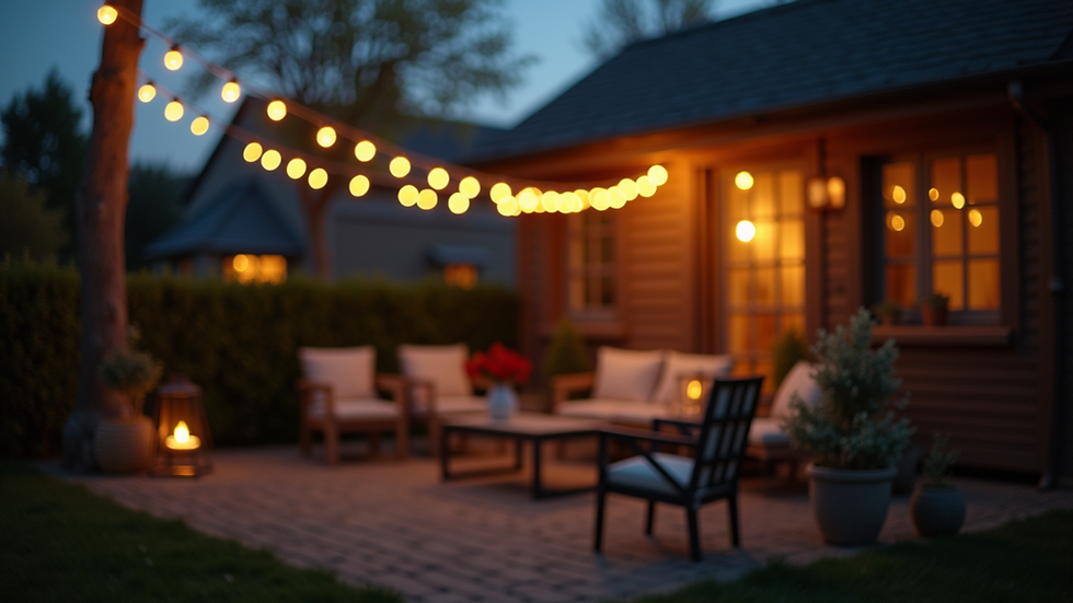High angle view of outdoor string lights illuminating a cozy setting