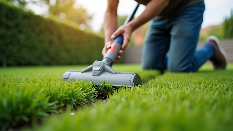 Eye-level view of a professional installing artificial grass on a garden lawn