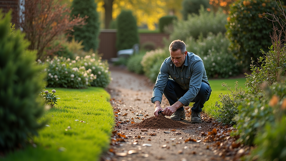 High angle view of a landscaper working on a garden path