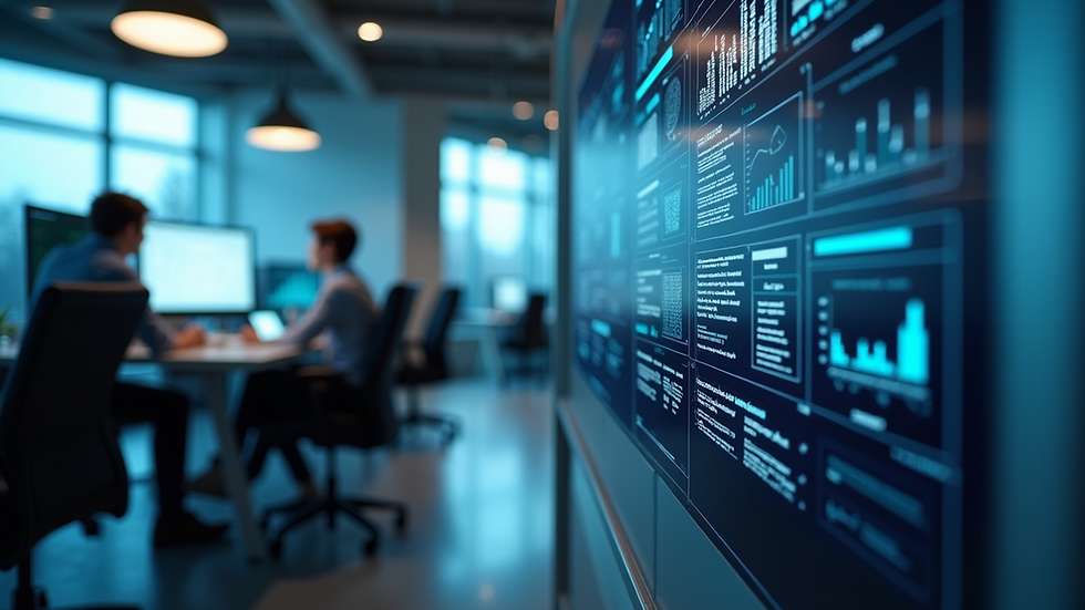 Eye-level view of a modern office with AI data analytics on screens