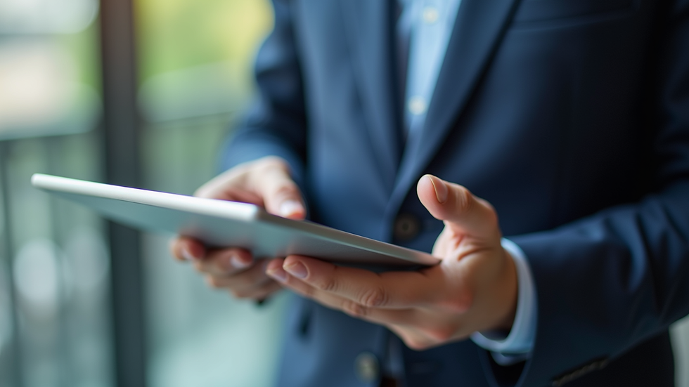 Close-up view of a consultant presenting data ethics framework on a digital tablet