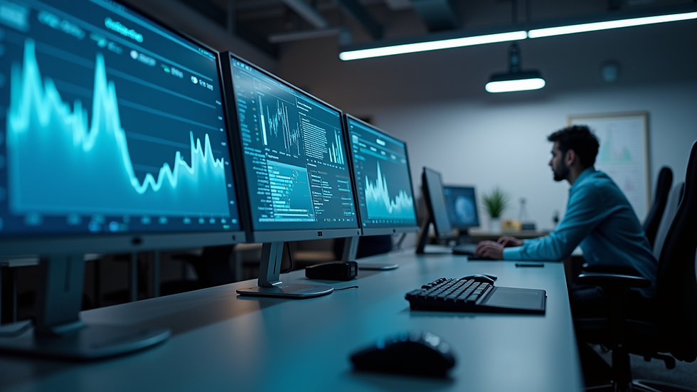 Eye-level view of a modern office workspace with multiple data dashboards on screens