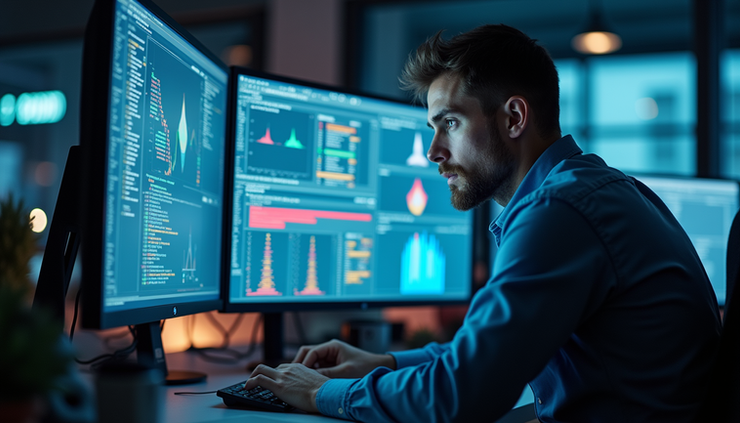 Eye-level view of a data scientist analyzing datasets on multiple screens