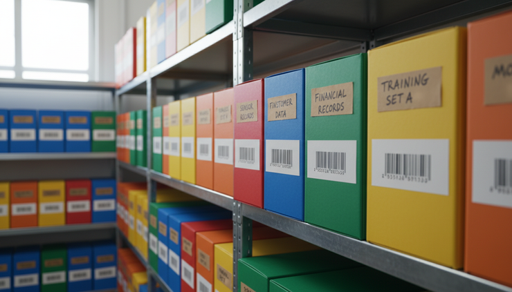 Close-up view of colour-coded archive boxes and barcode labels in a small warehouse