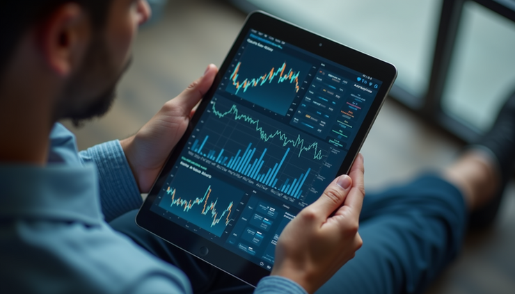 High angle view of a senior manager reviewing data reports on a tablet