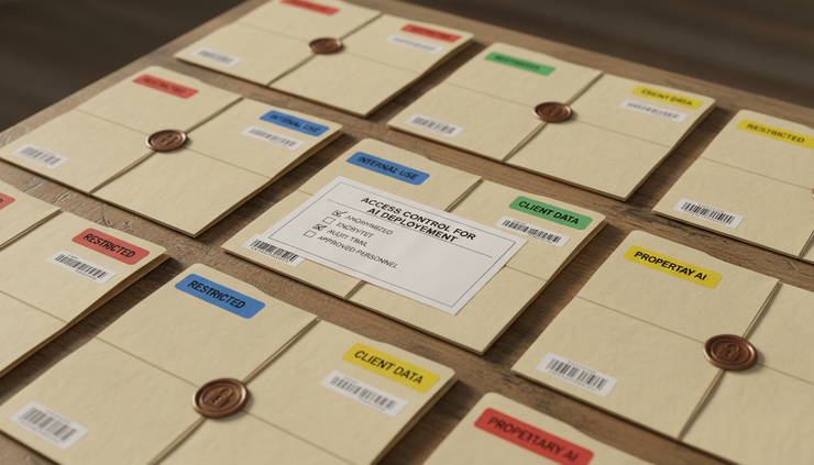 Overhead view of sealed folders with coloured classification stickers on a wooden sorting table