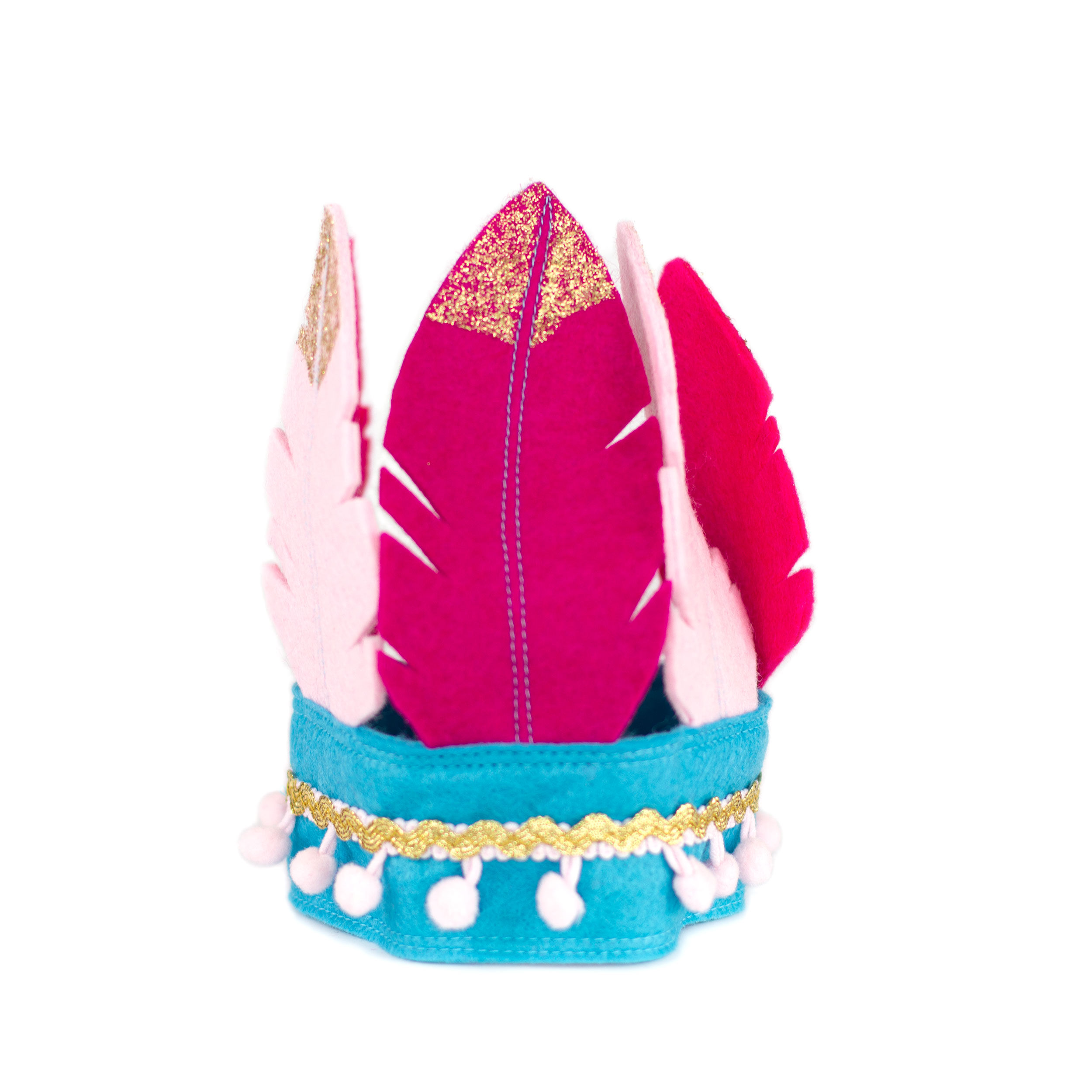 Pink feather birthday crown in pinks, turquoise and gold