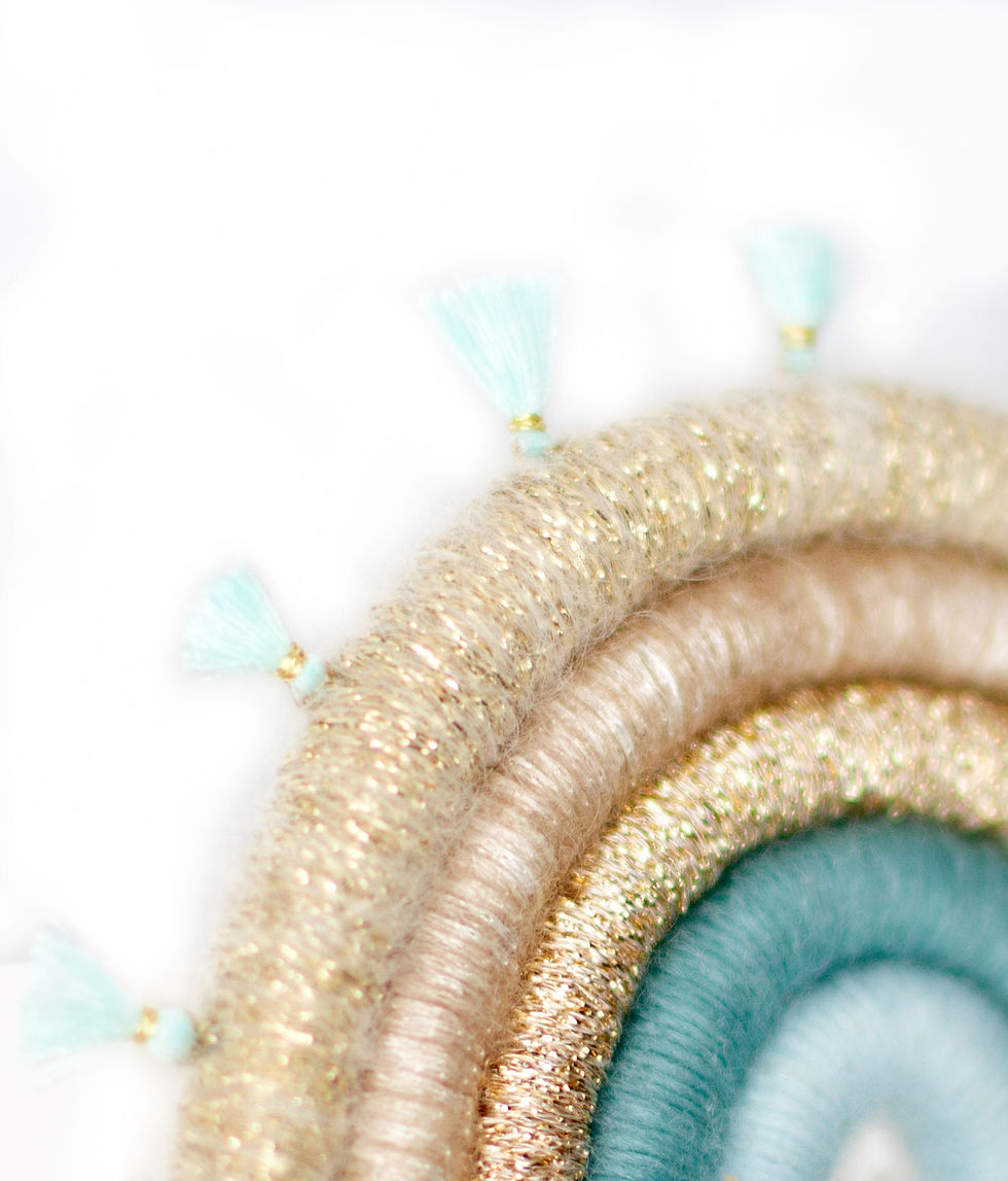 Gold, green and blue rainbow with light mint green tassels, wall hanging, fibre art